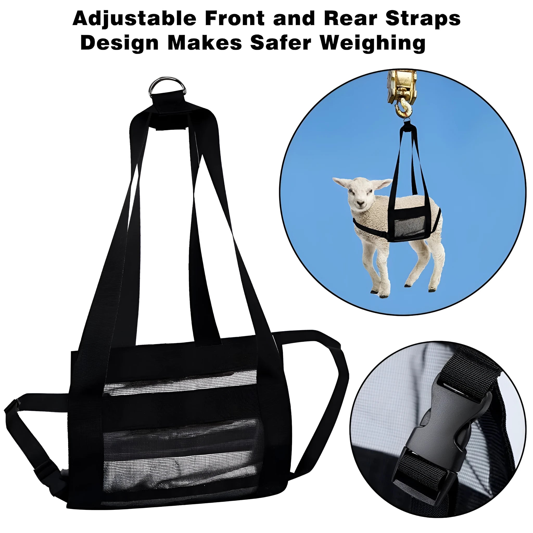 Black woven fabric sling for weighing calves and large dogs, shown with four attachment loops.