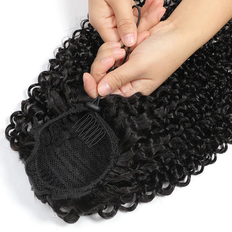 Black real human hair ponytail wig for ladies, dyeable, available in 8 to 26 inch lengths.