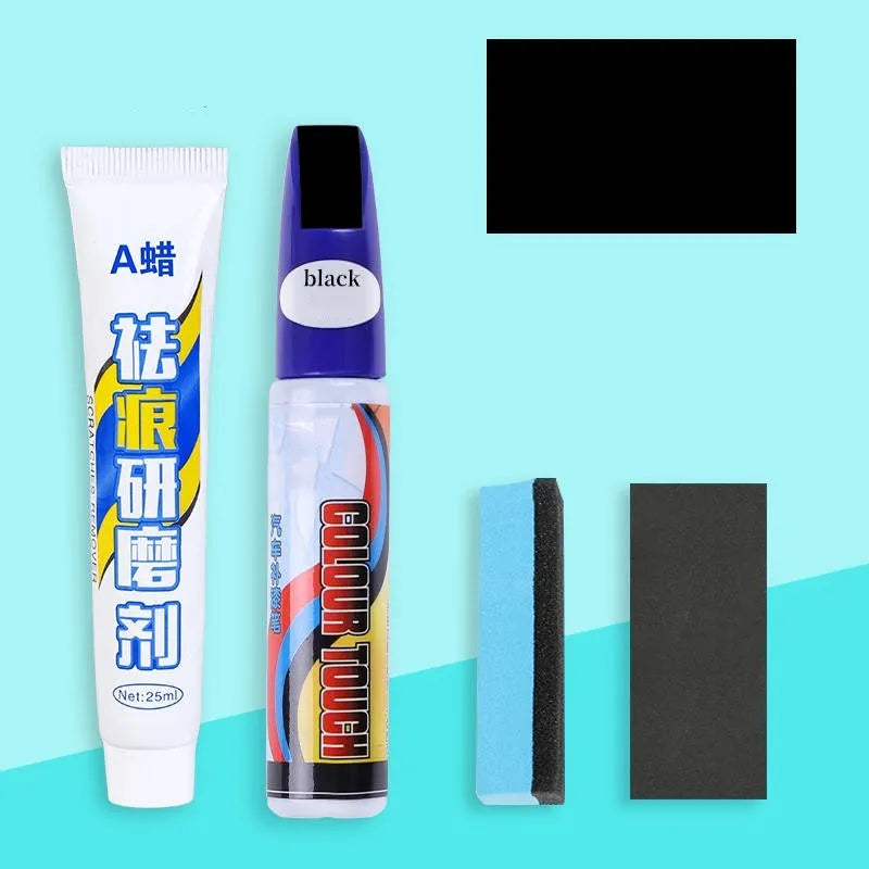 Automotive scratch repair kit showing touch-up paint pen, wax tube, sandpaper, and sponge for car paint touch-up.
