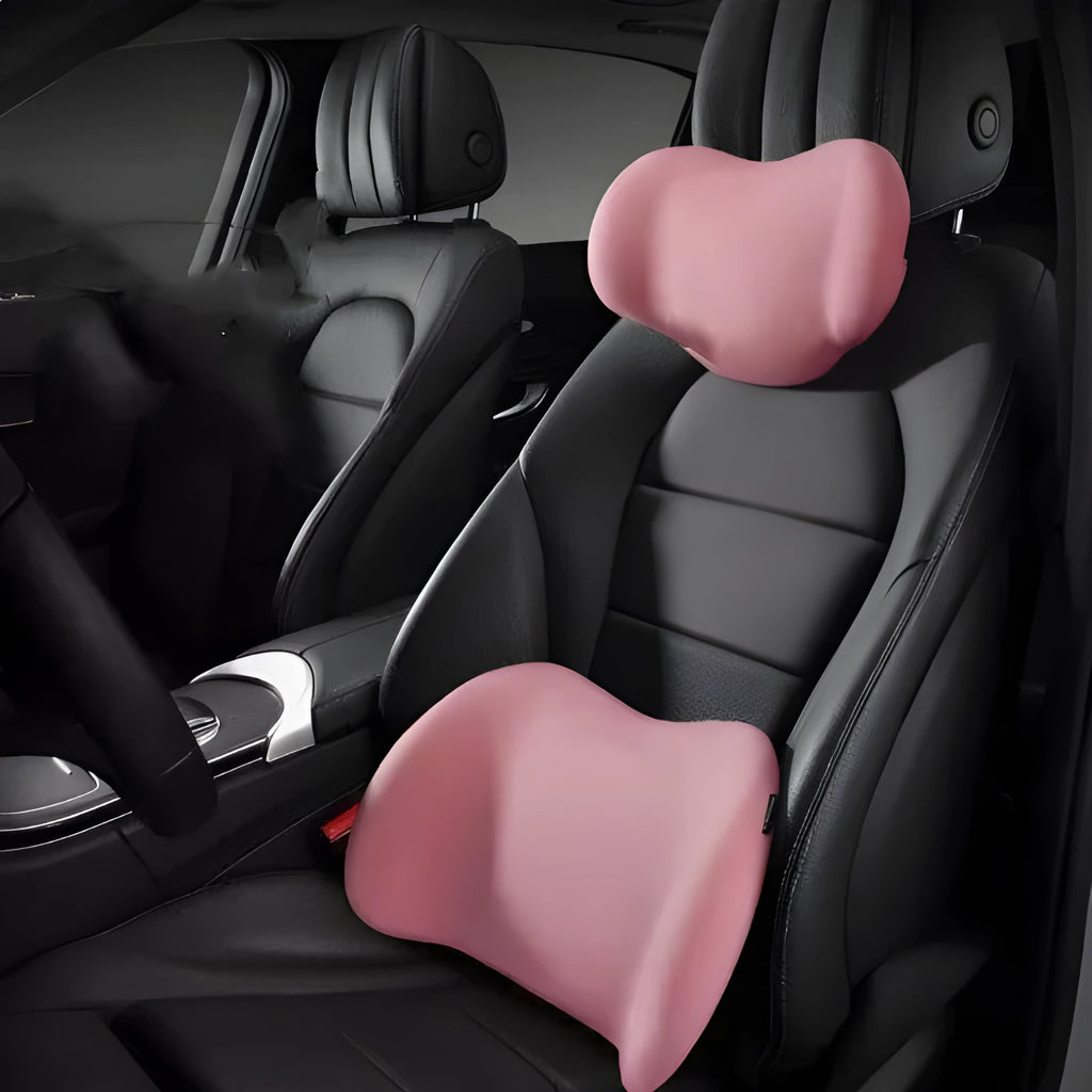 Memory foam car headrest and back support cushion set in black, green, grey or pink