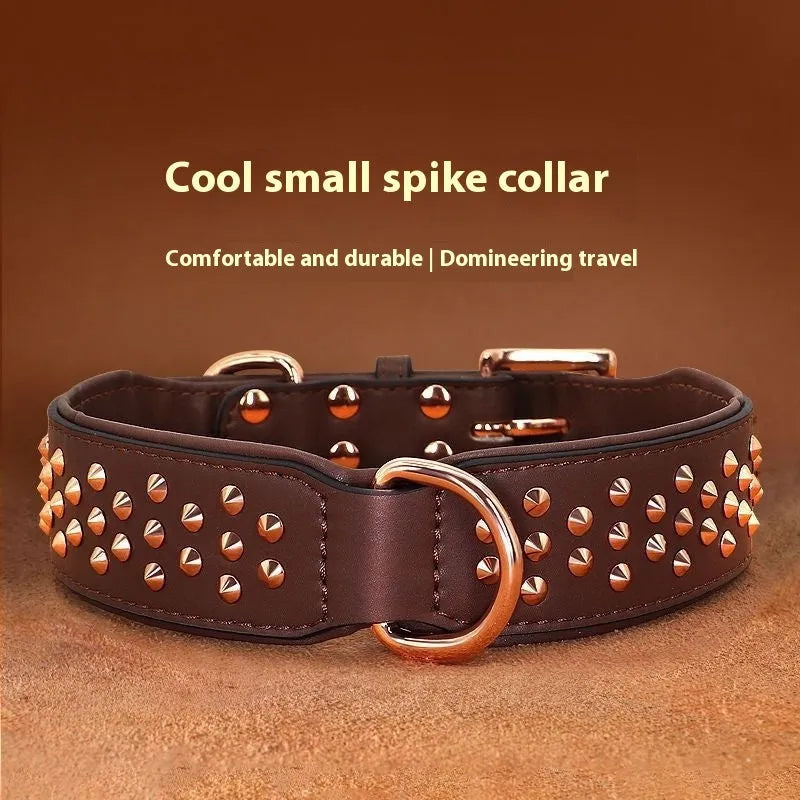Leather dog collar with anti-bite rivets in black, chocolate, or pink colours