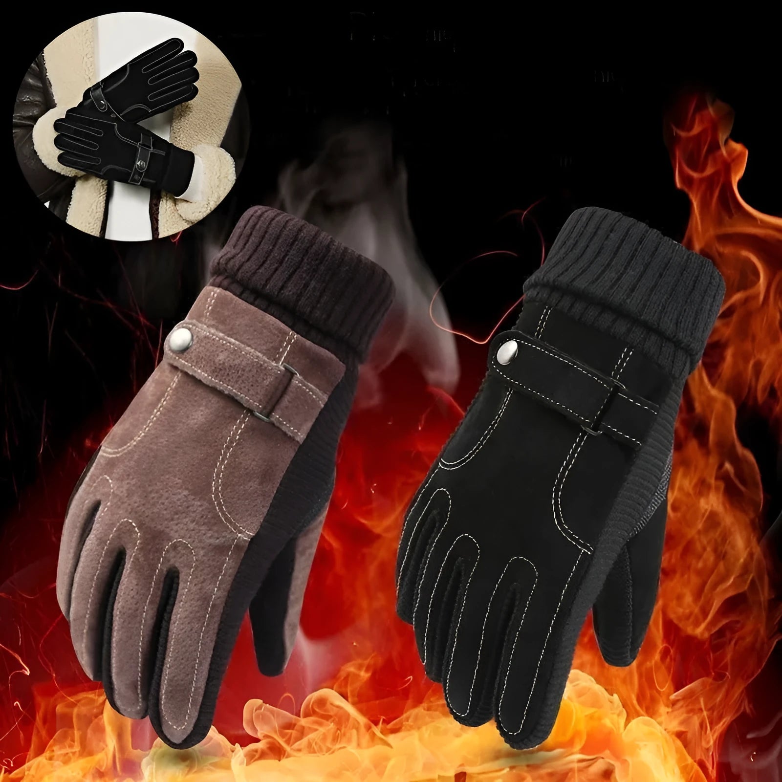 Men's warm genuine pigskin leather touch screen gloves in brown with fleece lining