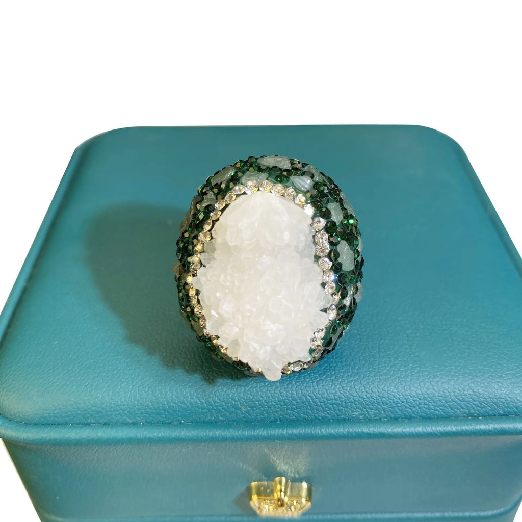 Dark green crystal bud open ring for women with copper band, geometric shape, electroplated finish, and diamond inlay.