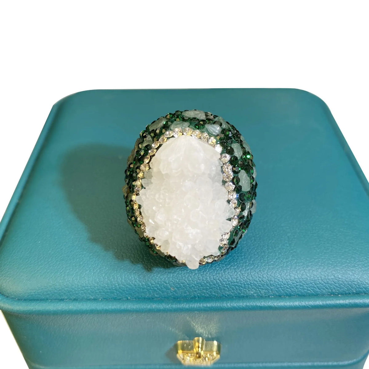 Dark green crystal bud open ring for women with copper band, geometric shape, electroplated finish, and diamond inlay.