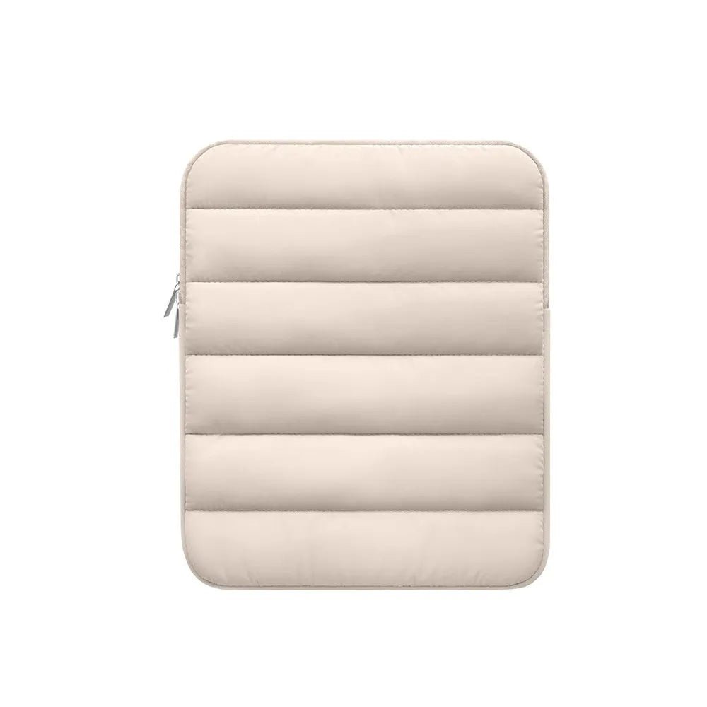 Puff bag laptop sleeve in black, khaki, or silver for 9.7 to 11 inch devices, showing fluffy padding and elastic sides.