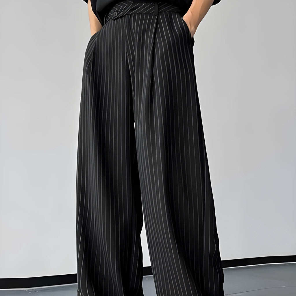 Black men's casual trousers with vertical stripes and front pleats, made from a soft rabbit hair and bamboo fibre blend.