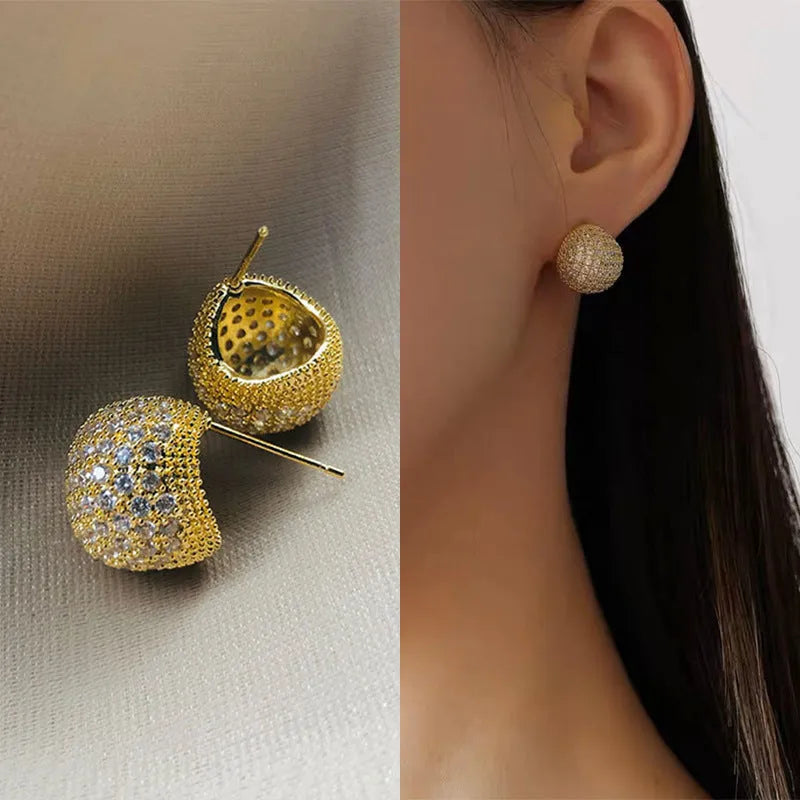 Little golden beans ear clip earrings with full diamond geometric droplet design