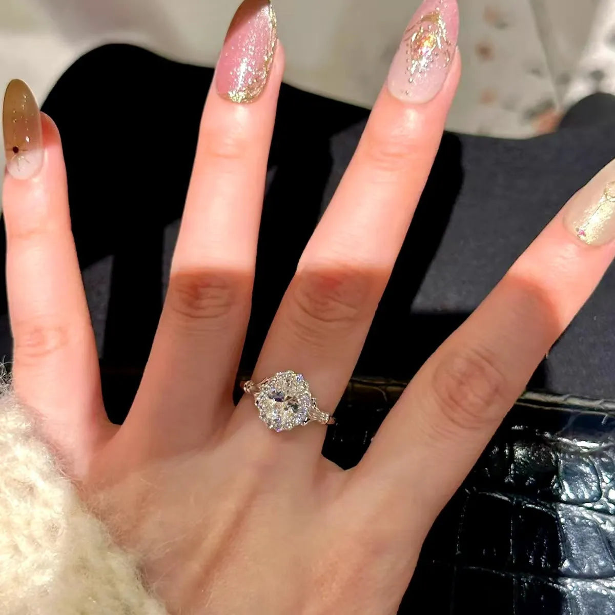 Silver geometric adjustable index finger ring with big diamond design for women
