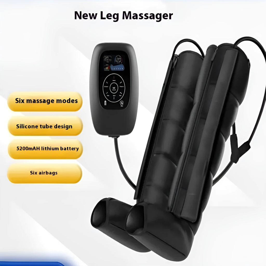 Air Wave Pressure Massager device with remote control and leg, arm, and waist attachments.