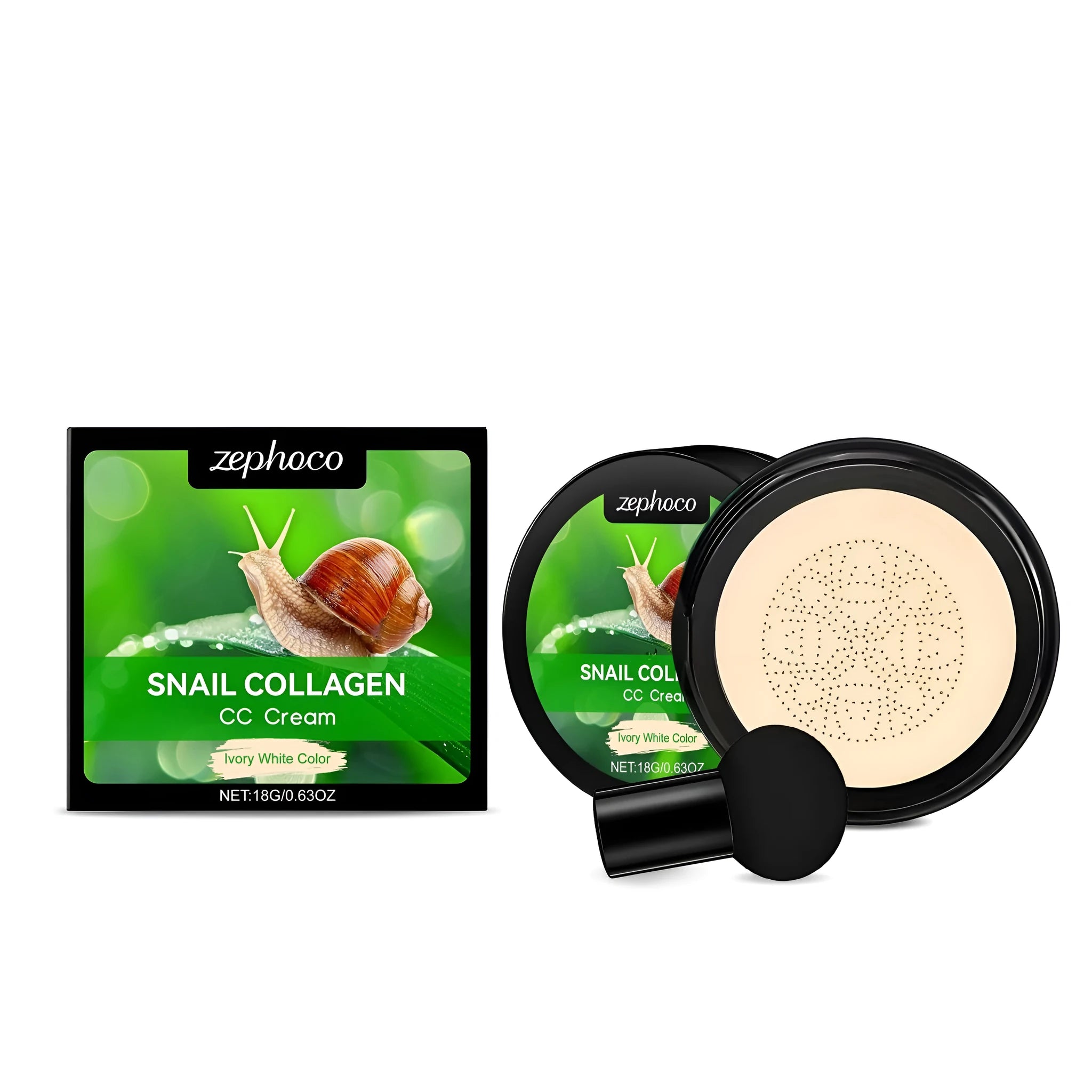 ZEPHOCO moisturising CC cream tube and mushroom powder puff in ivory white and natural colour options