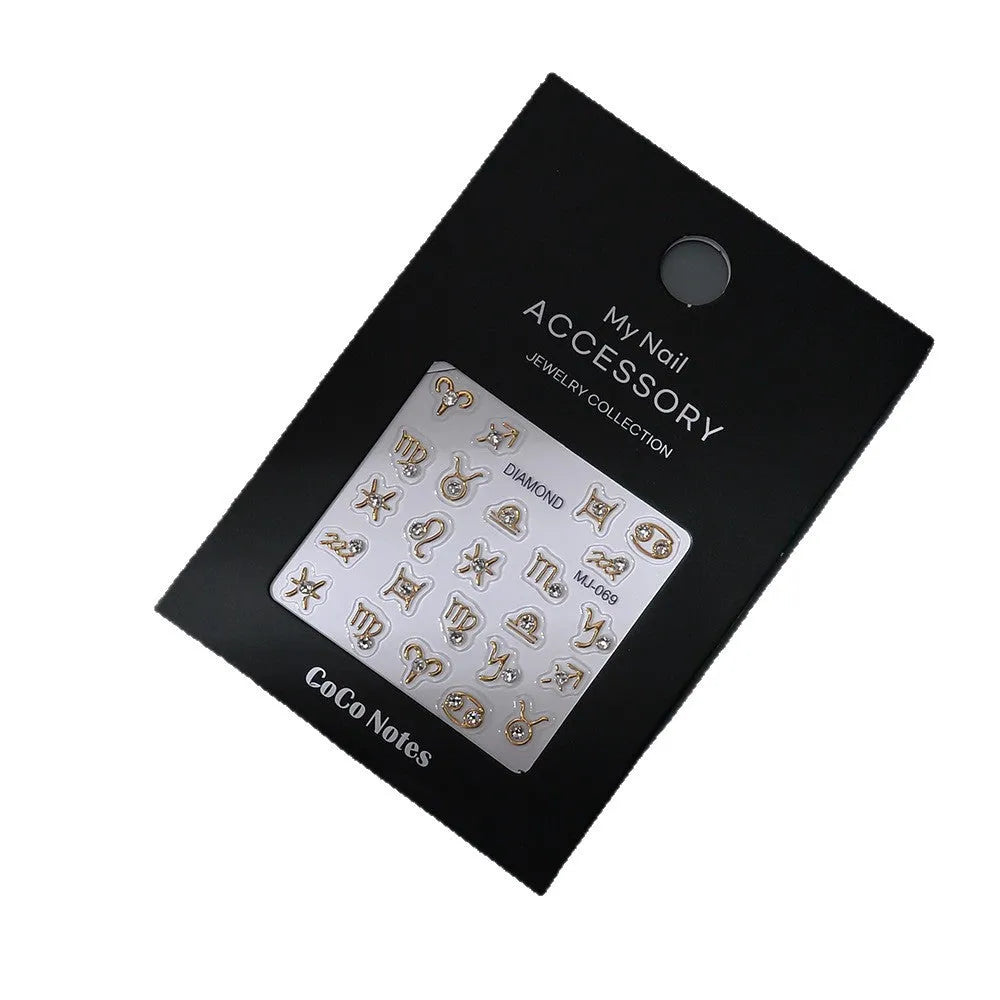 Embossed constellation relief nail sticker in MJ069 Gilding or MJ069 Hot Silver, ultra-thin seamless adhesive design.