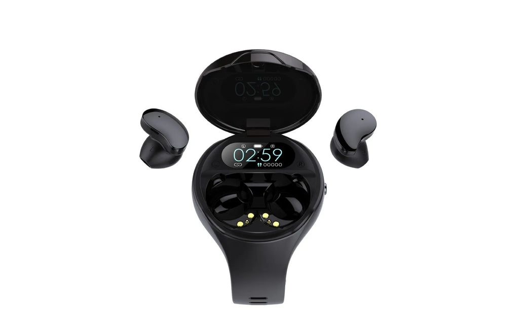 Black smart fitness bracelet with detachable TWS Bluetooth earbuds on a wrist, showing a colour screen display.