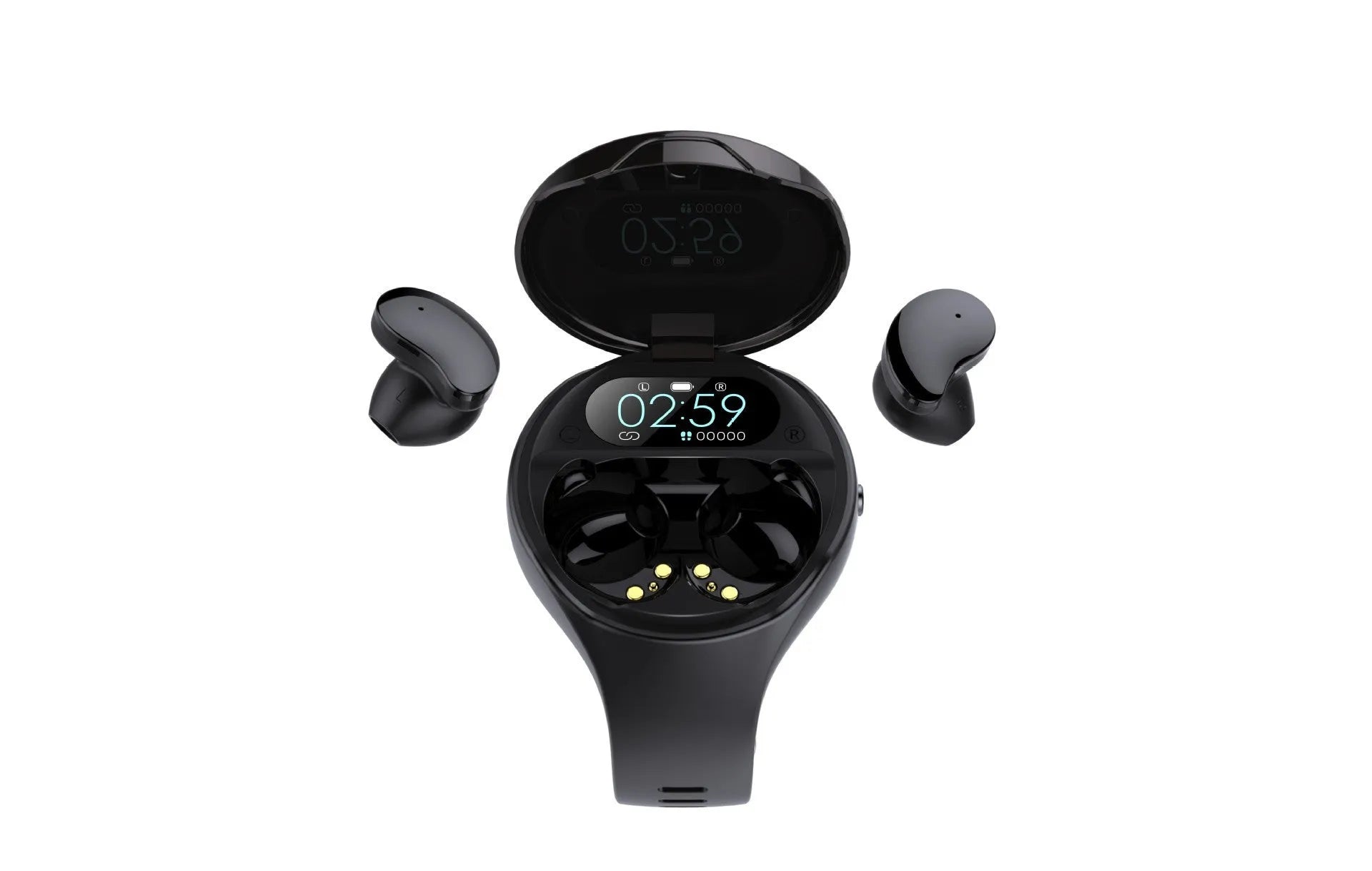 Black smart fitness bracelet with detachable TWS Bluetooth earbuds on a wrist, showing a colour screen display.