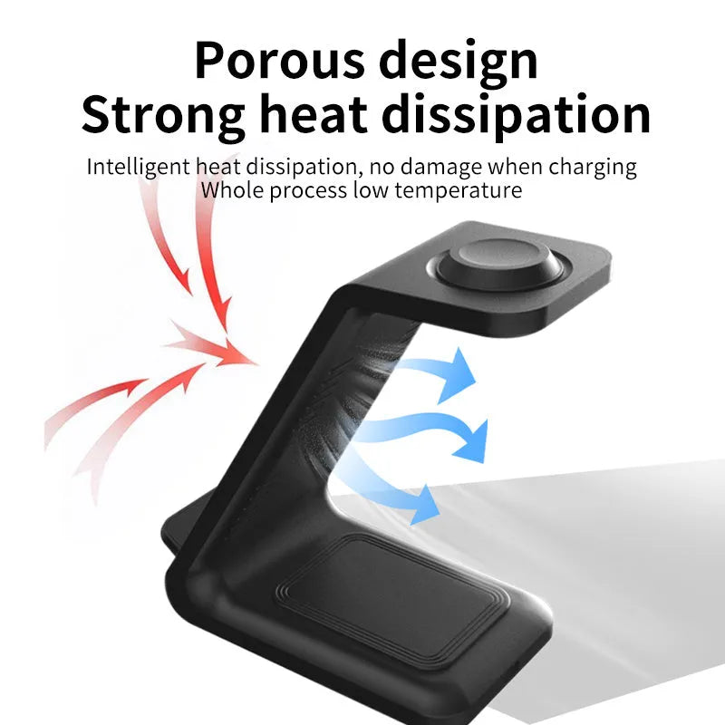 White upright wireless charging stand holding a mobile phone, with a Type-C cable connected.