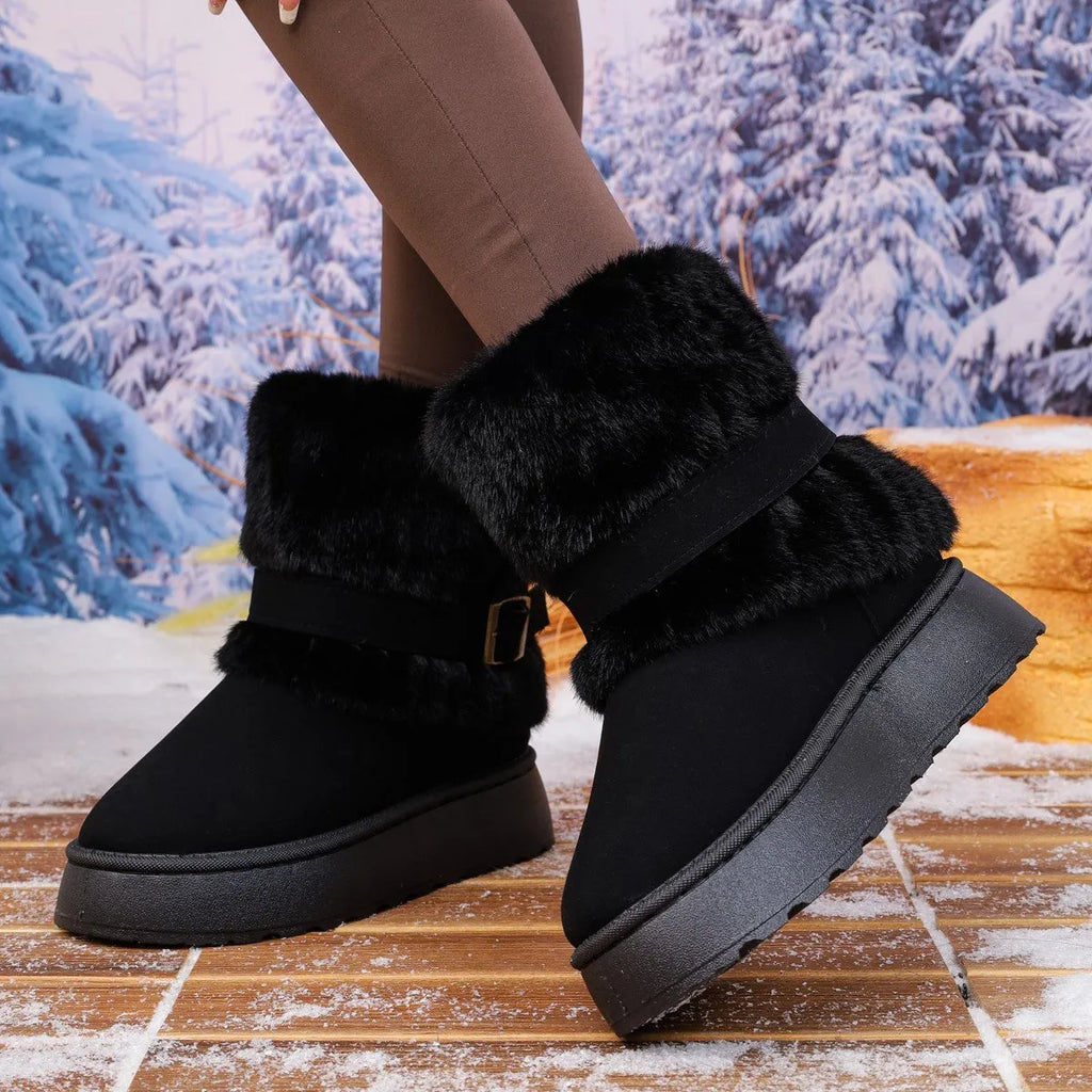 Women's plus size snow boots in black, beige, or brown with fleece lining and non-slip rubber sole, sizes 36-43.