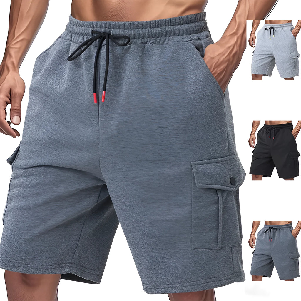 Men's loose-fit light grey cargo shorts with multiple pockets made from a towel terry fabric.