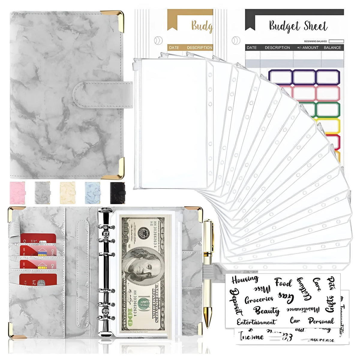 A6 PU leather loose-leaf binder journal with six-hole spiral, colour budget sheets, zipper pockets, ruler, and labels