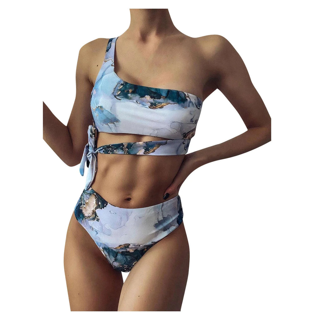 Marble tie-dye print women's high waist bikini set with U-neck design