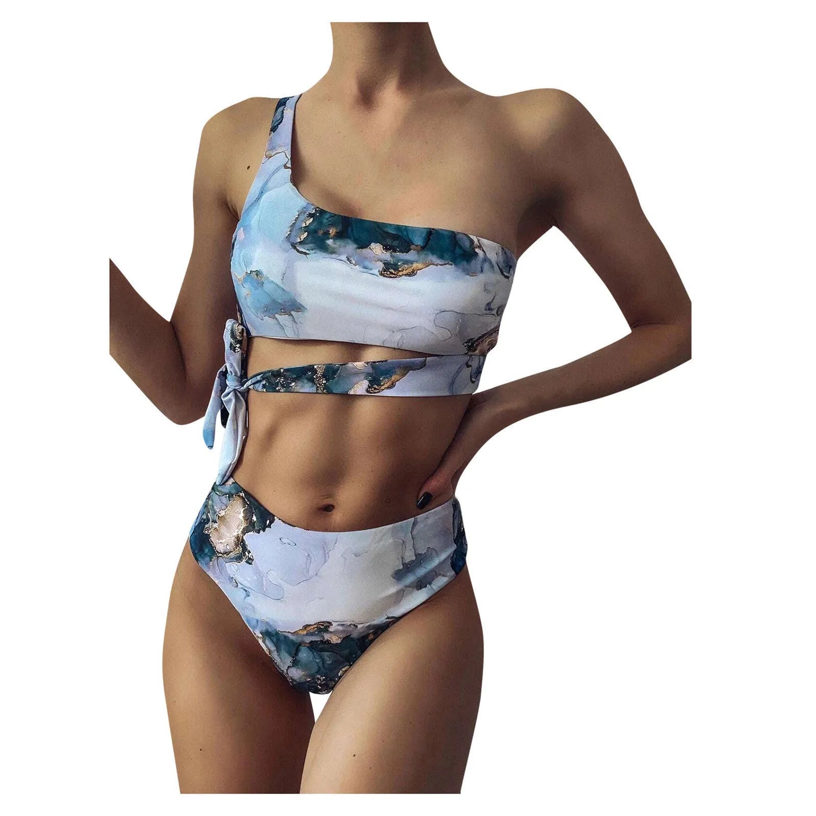 Marble tie-dye print women's high waist bikini set with U-neck design