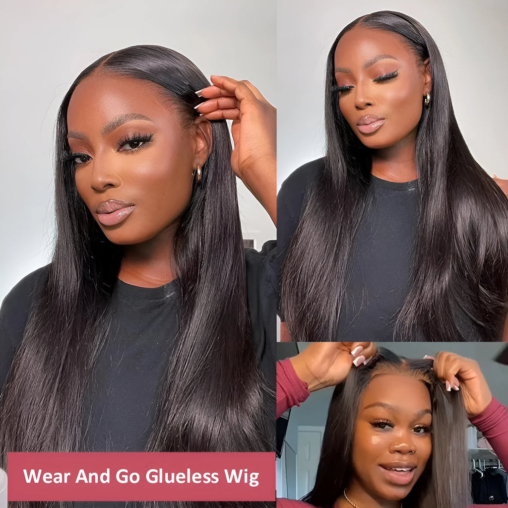 A glueless human hair straight wig with side bangs, shown in a long length.