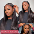 A glueless human hair straight wig with side bangs, shown in a long length.