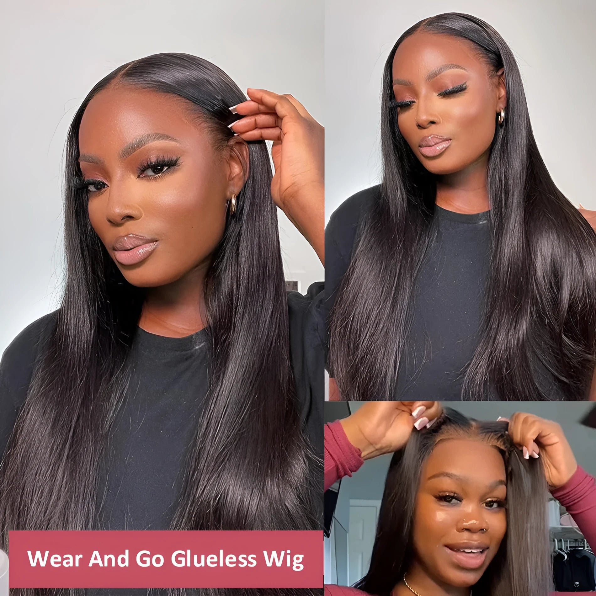 A glueless human hair straight wig with side bangs, shown in a long length.