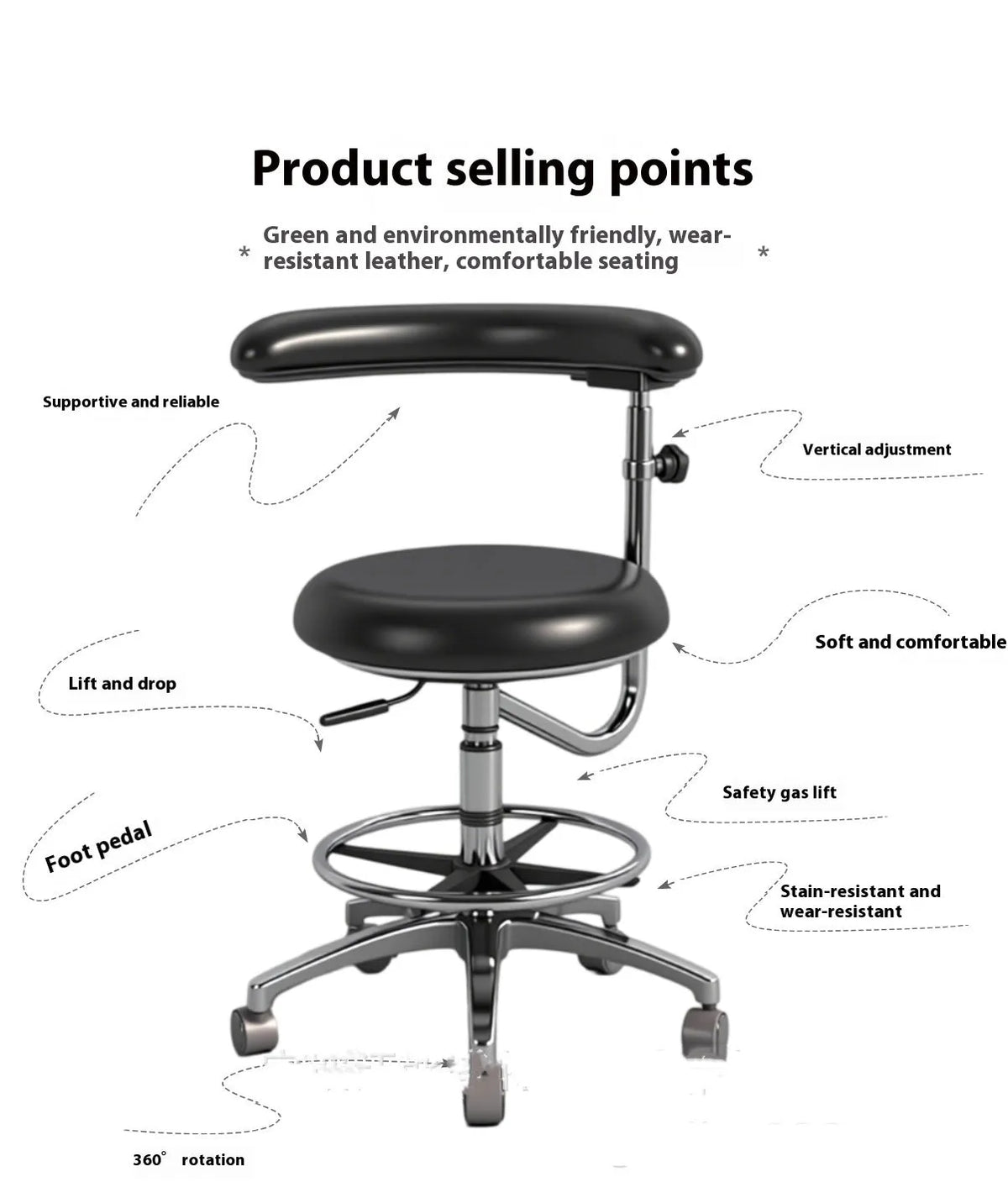 Black leather dental patient chair with hydraulic foot pump mechanism for height adjustment