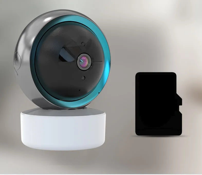 Indoor 360-degree rotating WiFi security camera with HD resolution on flat surface