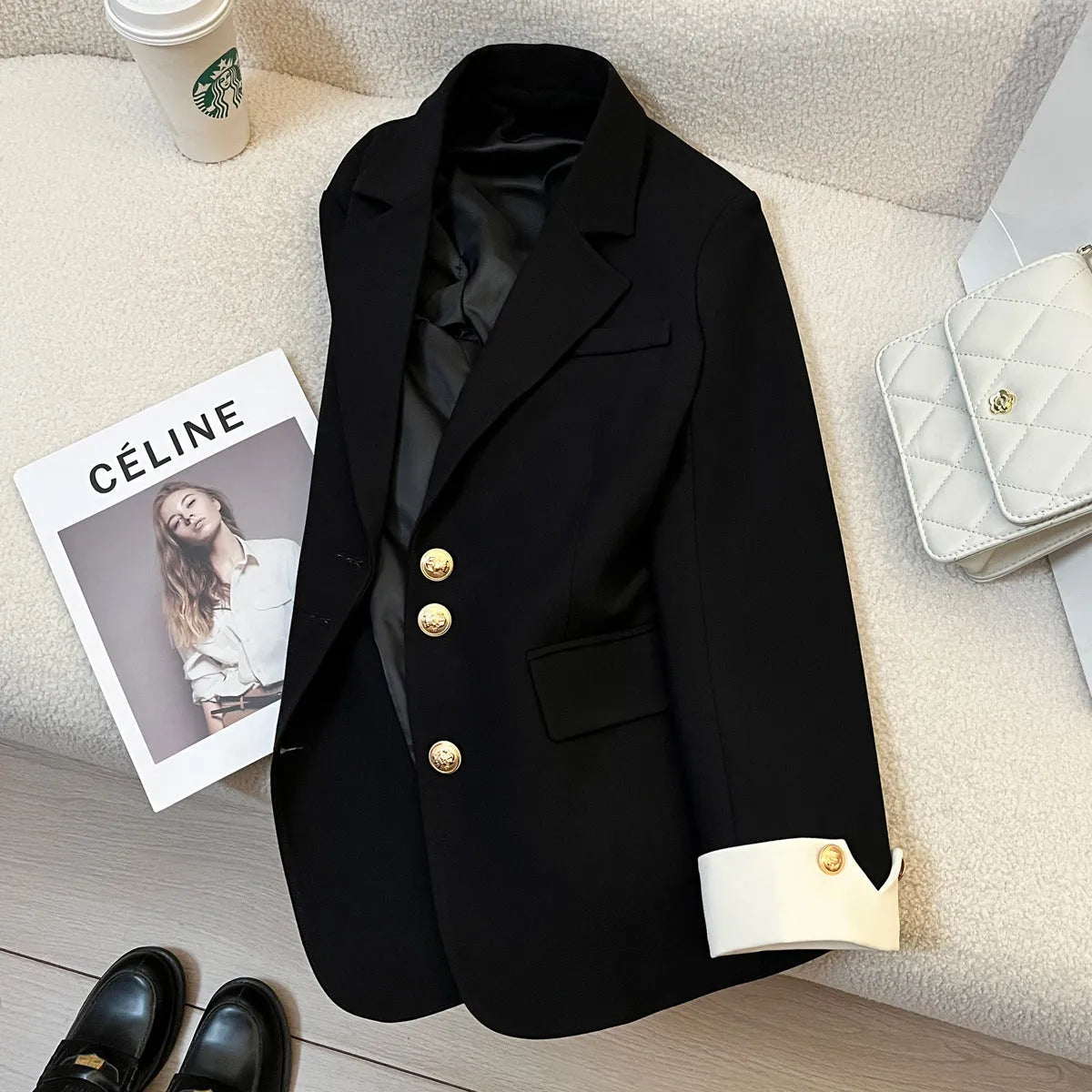 Korean style women's loose fit trench coat in milky white with pockets and regular long sleeves