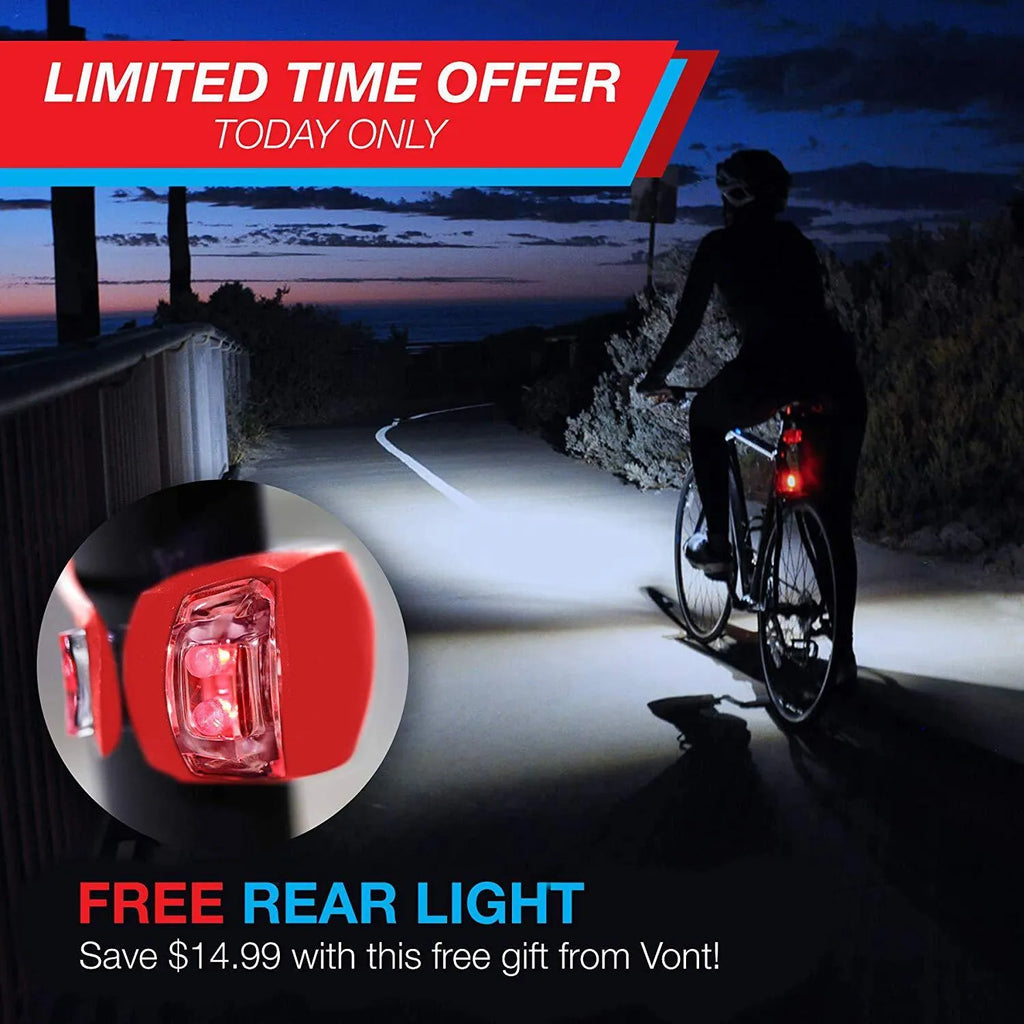Bicycle headlight and taillight safety set with mounting bracket on a bike handlebar.