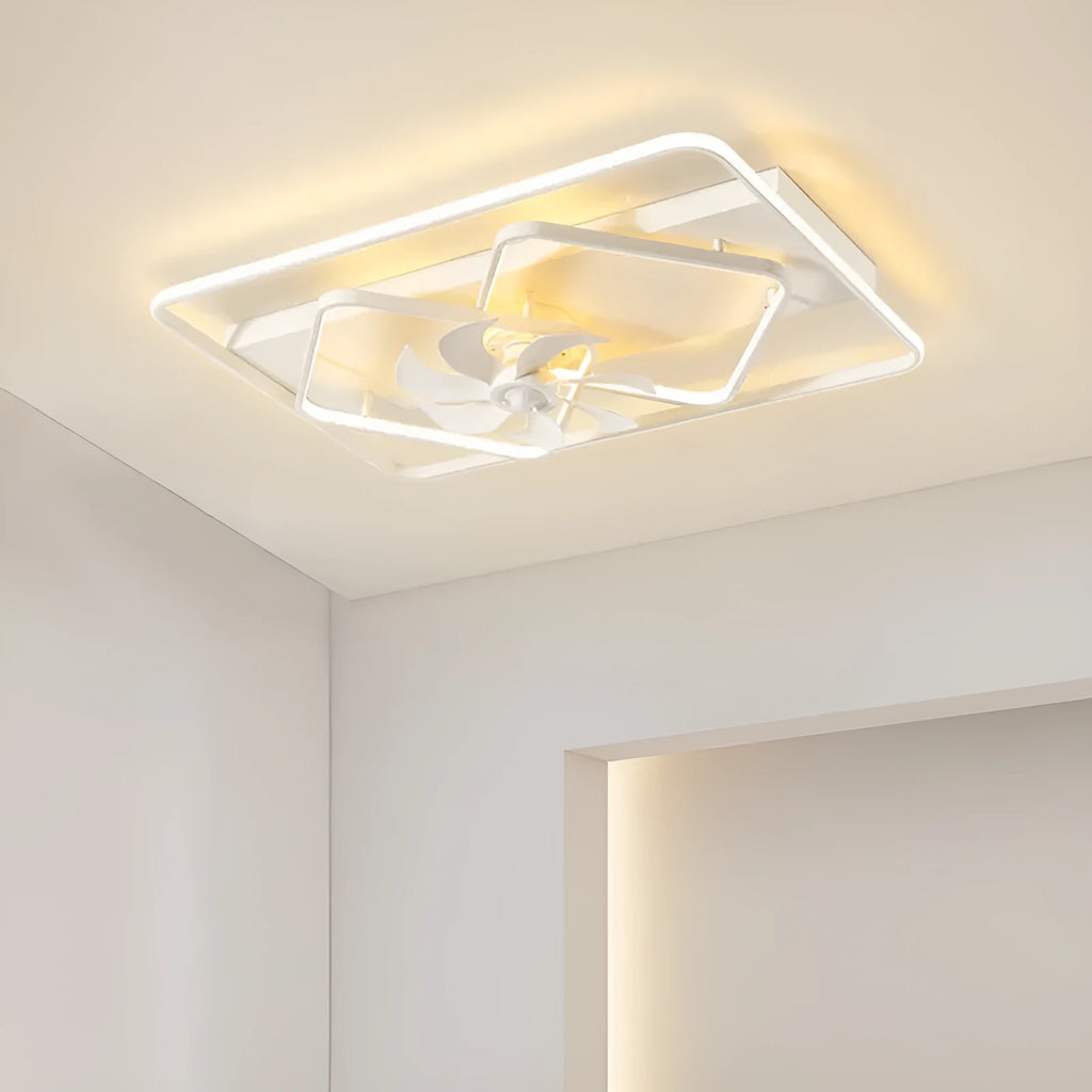 Modern minimalist ceiling fan with integrated acrylic light fixture, 110cm wide.