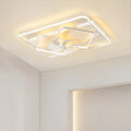 Modern minimalist ceiling fan with integrated acrylic light fixture, 110cm wide.