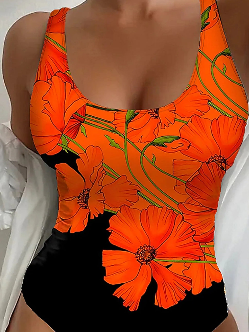 Orange floral printed women's backless one-piece swimsuit with slim fit design