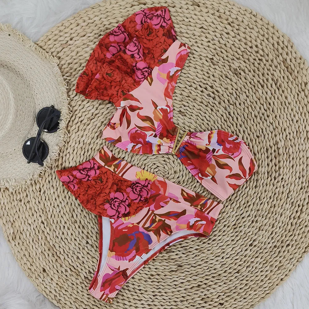 Women's one-shoulder ruffled swimsuit with high-waisted briefs in pink red flower pattern