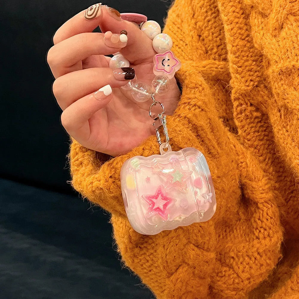 Pink transparent silicone AirPods case with three-dimensional five-pointed star design and star hand rope