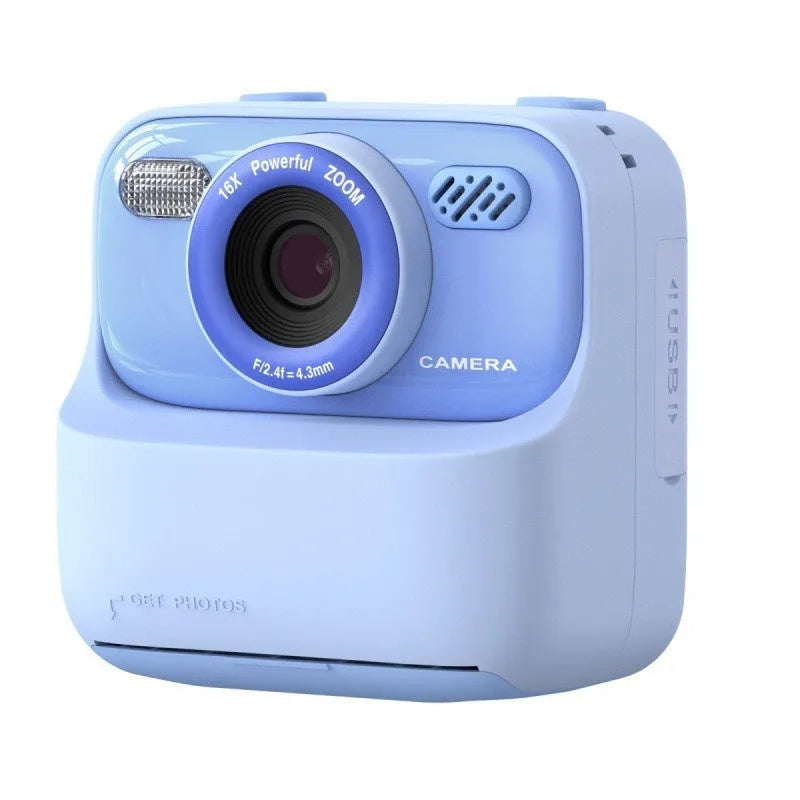 Plastic instant print digital camera with three rolls of printing paper, available in blue, grey, pink, or purple