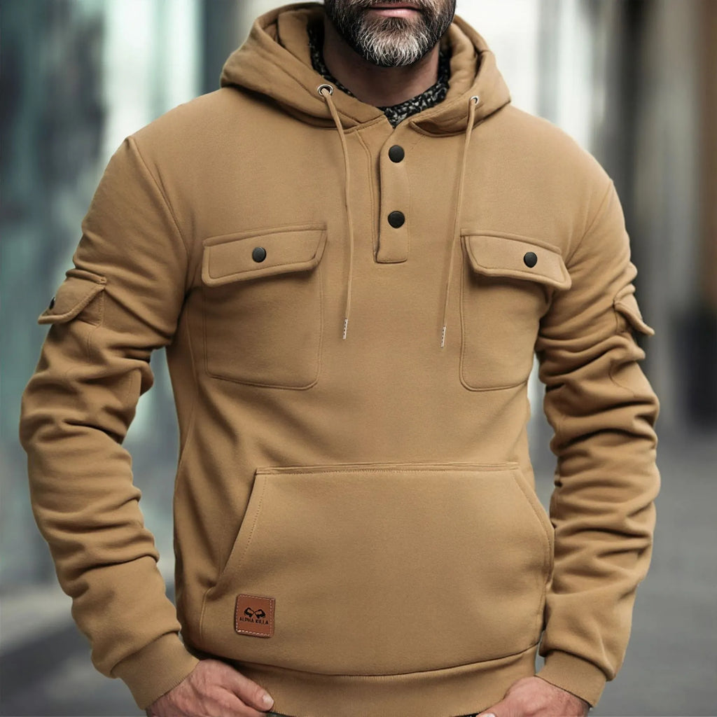 Button multi-pocket sweater in black, loose fit, wool lined, sizes S to XXXL for men