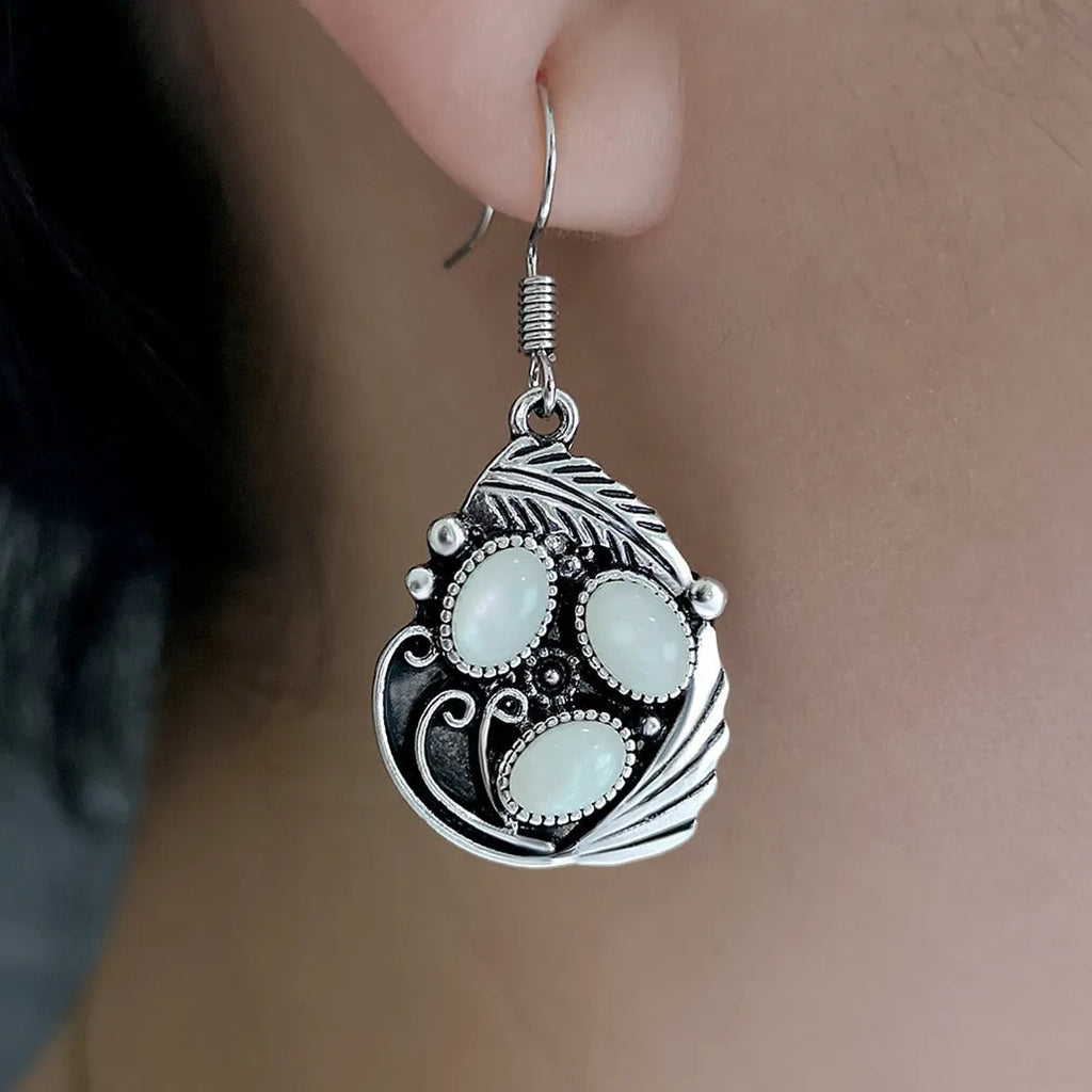 Antique silver leaf feather and shell moonstone drop earrings, 41mm x 20mm alloy retro style