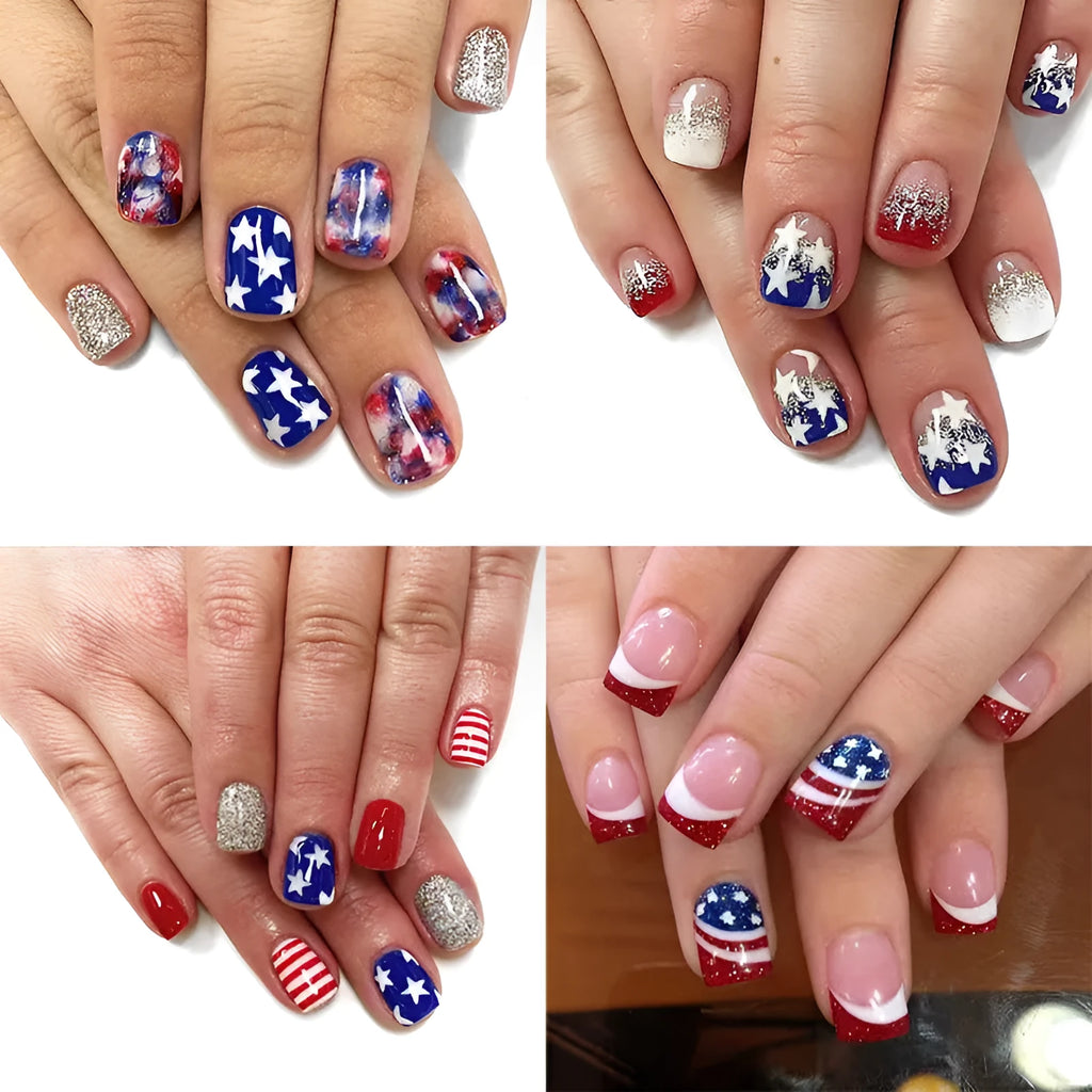 Independence Day false nails set with American star design in European square shape