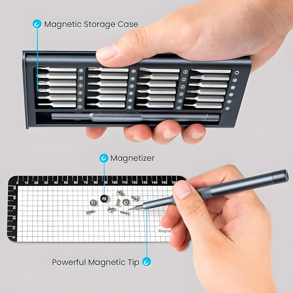 25-in-one magnetic screwdriver set with knurled ABS handle and chrome vanadium steel shaft.