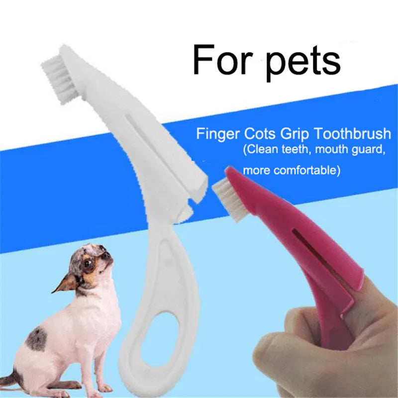 Red and white finger toothbrushes for pet dental cleaning with silicone bristles