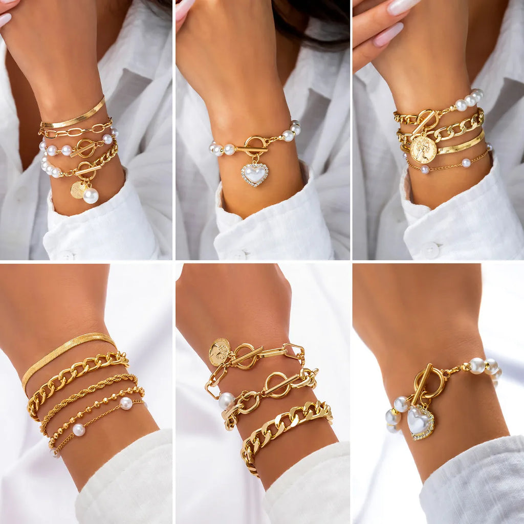 Retro pearl chain beaded bracelet set in gold and white K alloy with heart shape, 3 or 4 pieces