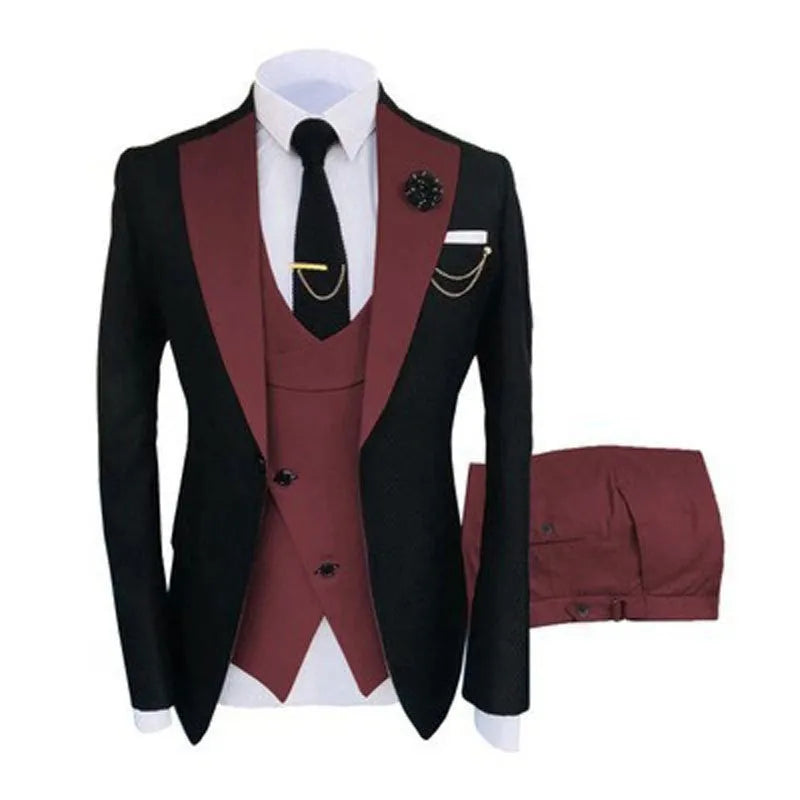 Men's slim fit three-piece business suit with coat, vest and trousers in cotton fabric