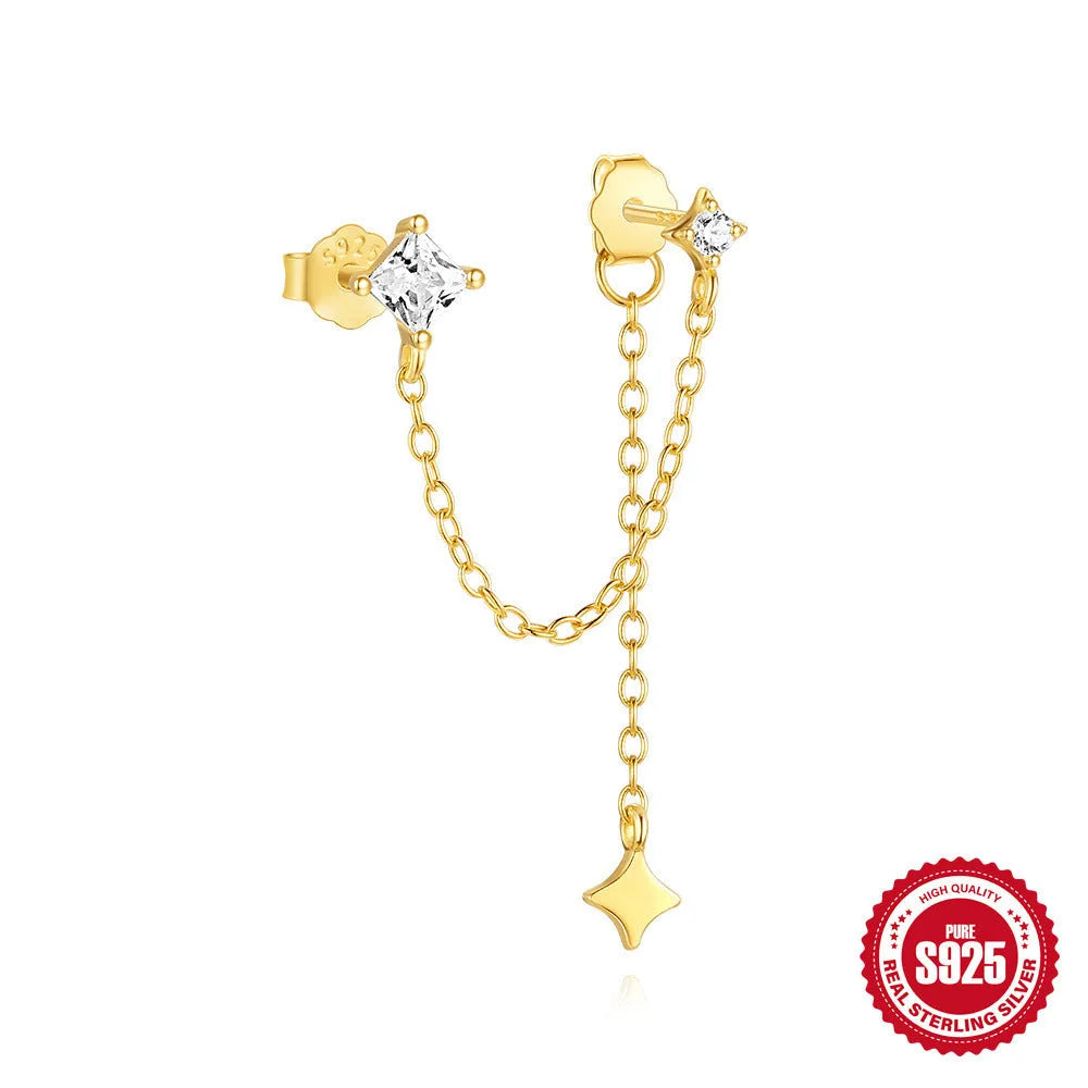 S925 sterling silver zircon chain stud earrings in golden colours with geometric designs