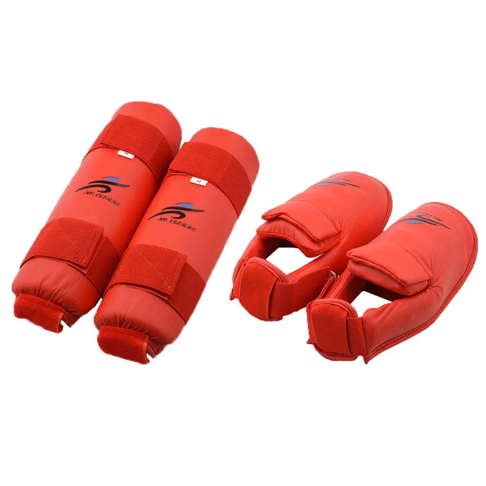 Red and blue karate protective gear set with leg guards, helmet and boxing gloves