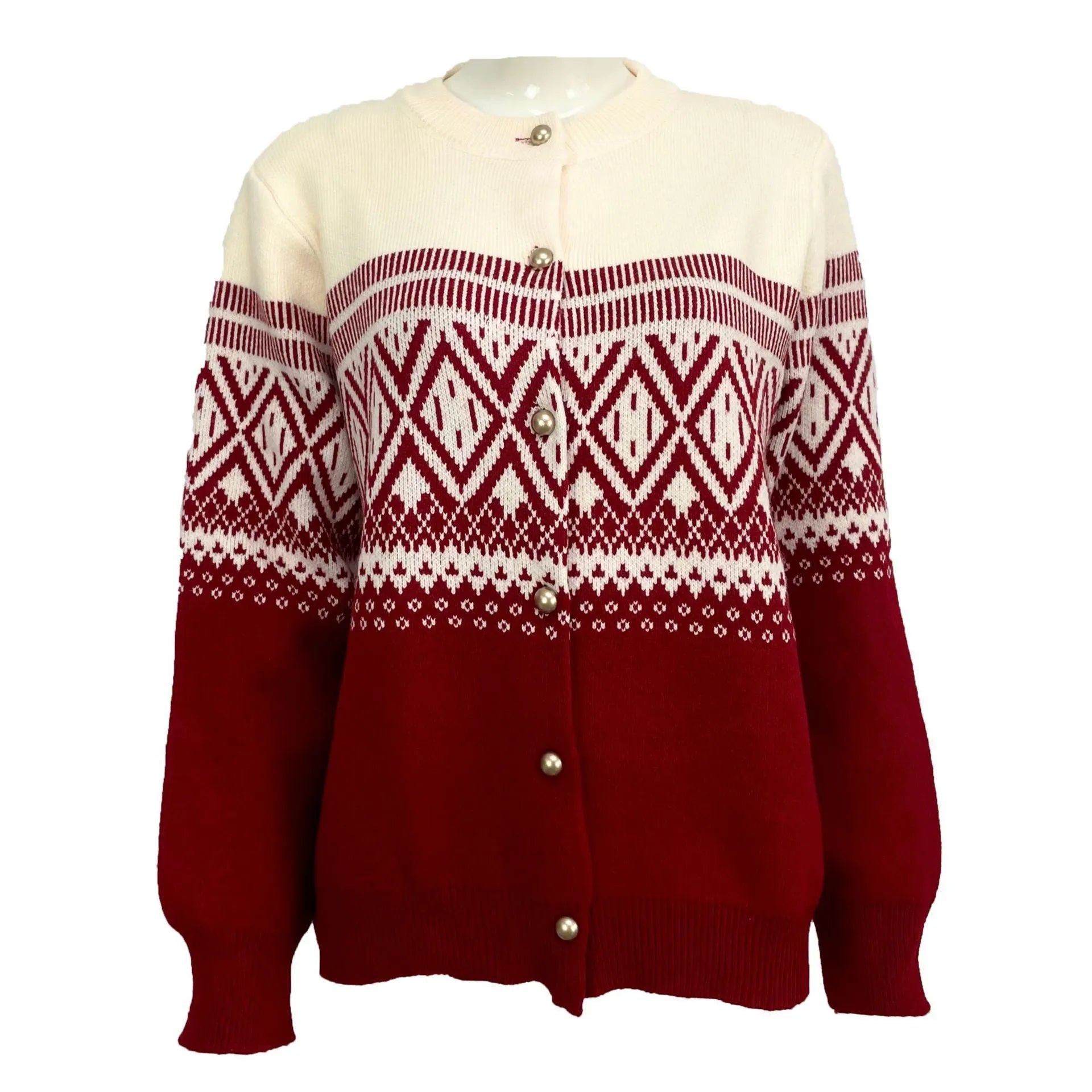 Women's alpaca wool cardigan with contrast colour sleeves and diamond knit pattern