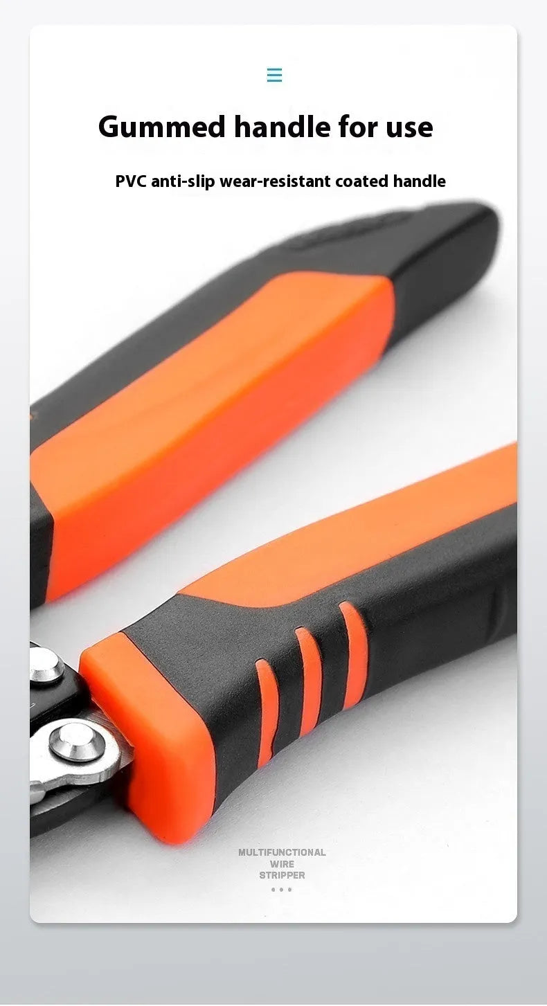 Fully automatic wire stripping pliers tool with high carbon steel blades, mounted in a storage box.
