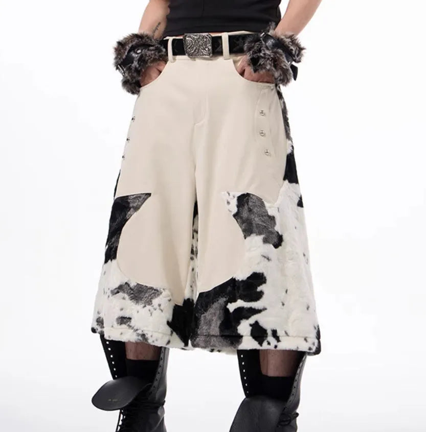 Women's milk fibre cropped trousers with stitched fur detail in a printed pattern colour.