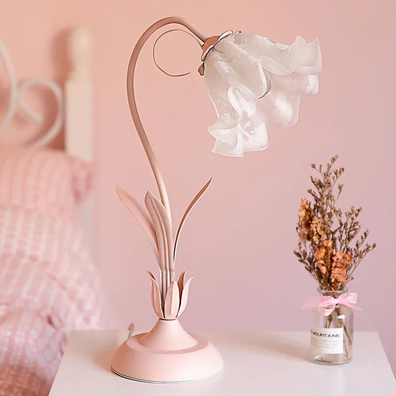 Pink flower princess desk lamp, 52cm high, glass shade, ceramic flowers, iron body, European style
