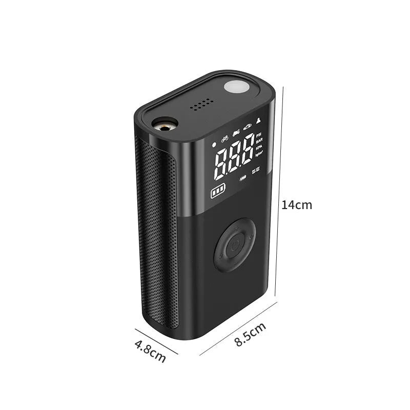 Wireless handheld digital display air pump with LED light and accessory nozzles for car and bicycle tyres